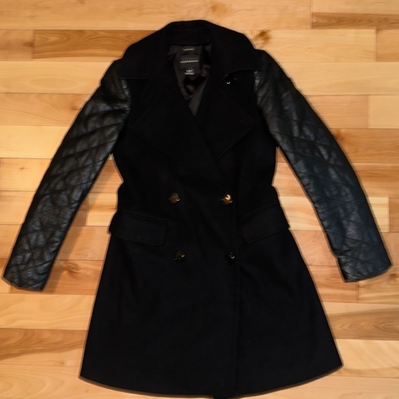 Club Monaco Carolina Italian Wool Pea Coat Lamb Leather sleeves Black size XS - Picture 4 of 13